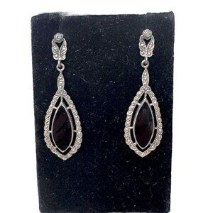 Art Deco VTG Black Onyx Sterling Silver Marcasite Teardrop Earrings 925 Elegant